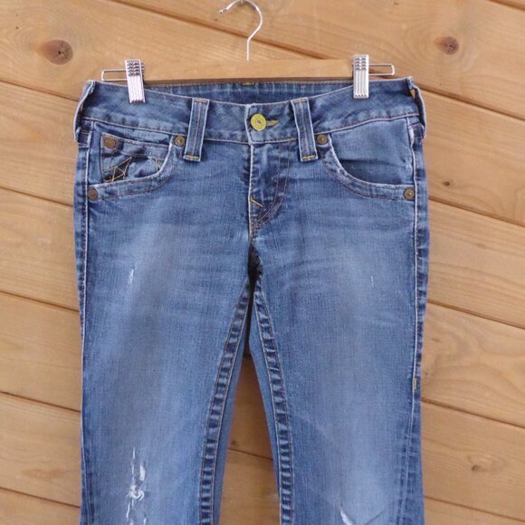 Blue Religion Light Blue Low Rise Boot Legs Yellow Button Flap Pockets Jeans 28 - Picture 2 of 15